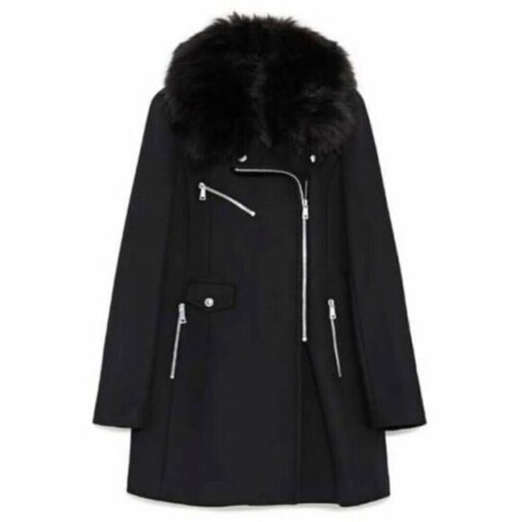 Zara Wool Blend Moto Double Zip Coat Jacket Black Size XS